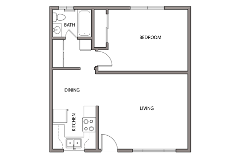 Floor plan for 1 bed, 1 bath, 610 sqft